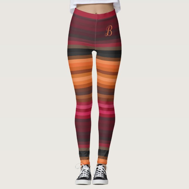 Red Pink Orange Brown Gray Girly Stripes Monogram Leggings (Front)