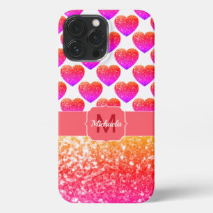 Red Pink Orange Glitter sparkles Hearts Monogram iPhone 13 Pro Max Case