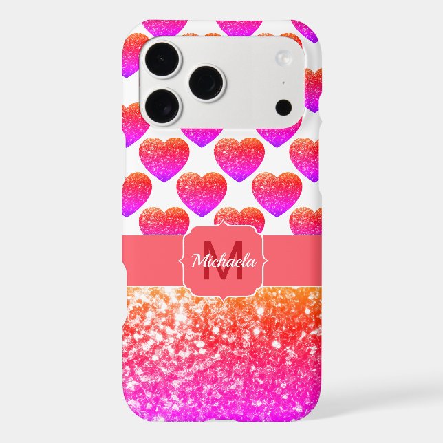 Red Pink Orange Glitter sparkles Hearts Monogram iPhone Case (Back)
