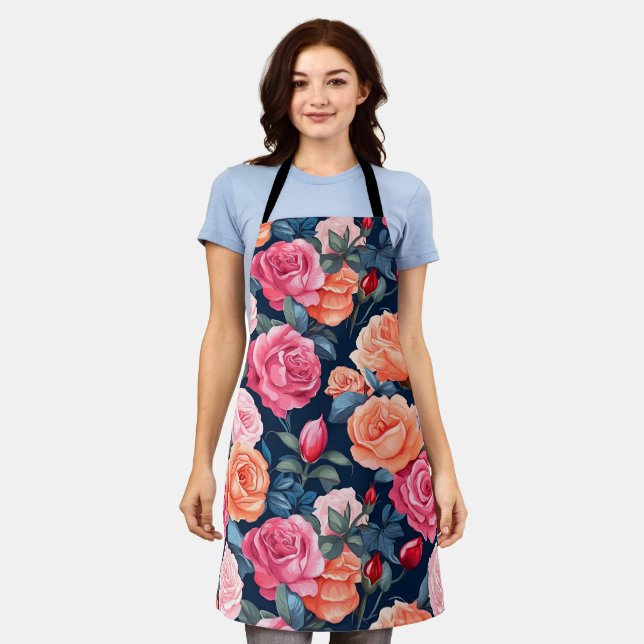 Red Pink Orange Roses Gardening Apron (Worn)