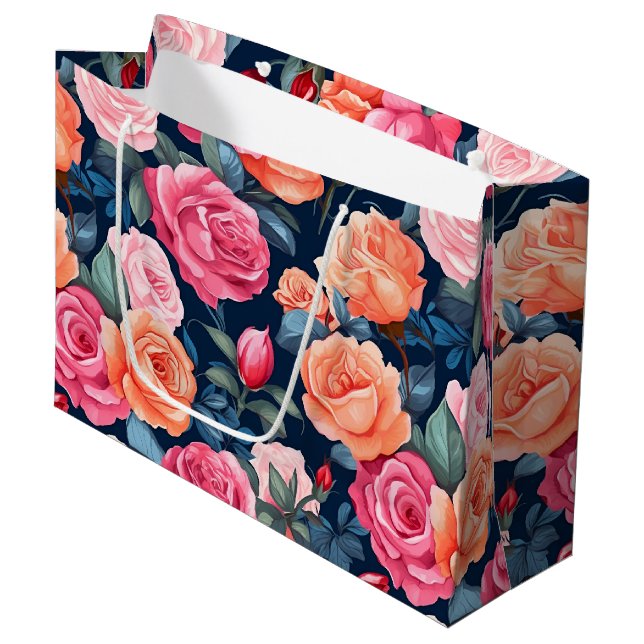 Red Pink Orange Roses Pattern Chiffon Large Gift Bag (Front Angled)