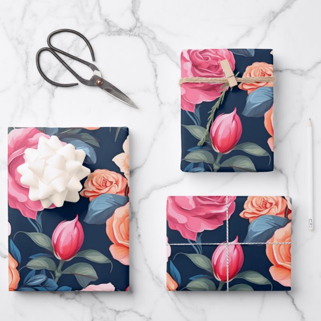 Red Pink Orange Roses Pattern Chiffon Wrapping Paper Sheets (Front)