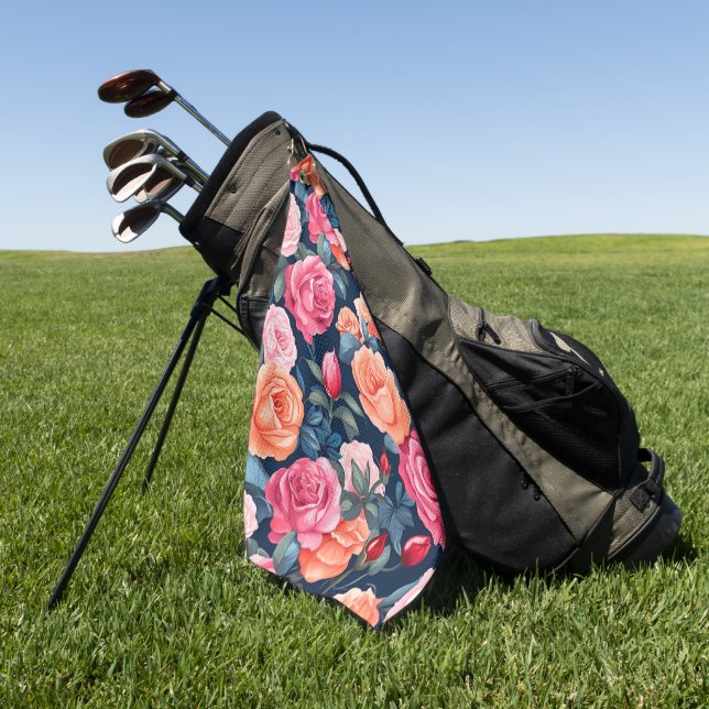 Red Pink Orange Roses Pattern Design Golf Towel (Green)