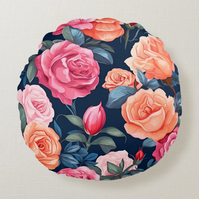 Red Pink Orange Roses Pattern Design Round Pillow (Front)