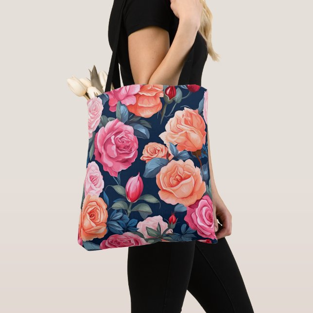 Red Pink Orange Roses Pattern Design Tote Bag (Close Up)