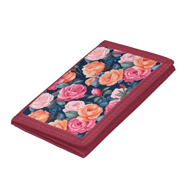 Red Pink Orange Roses Pattern Design Trifold Wallet (Bottom)