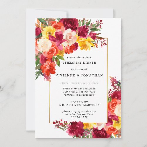 Red Pink Orange Yellow Floral Rehearsal Dinner Invitation