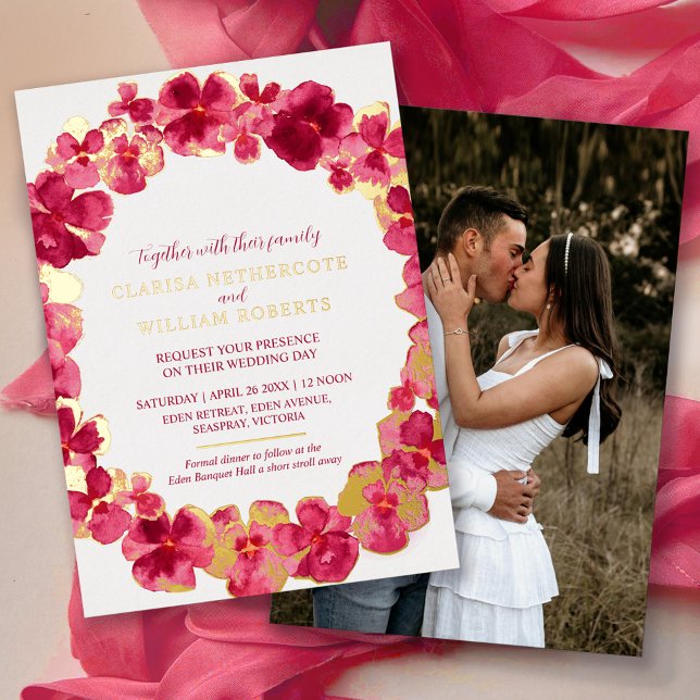 Red pink pansy watercolor flower wedding gold foil invitation (Creator Uploaded)