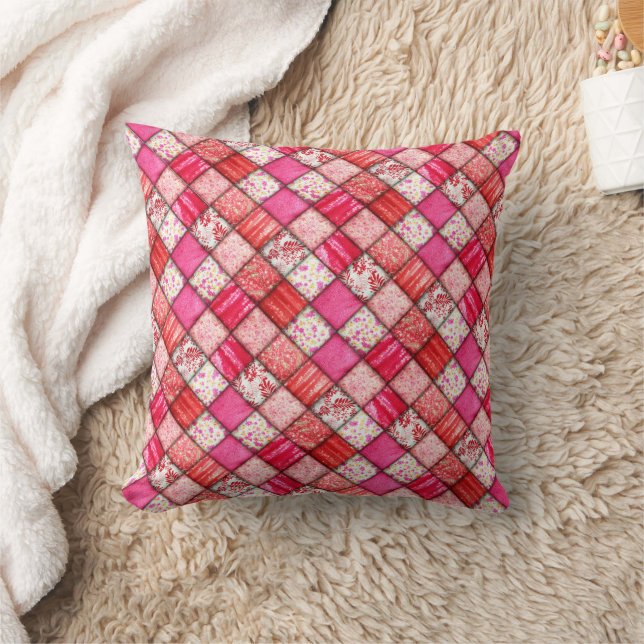 Red Pink Patchwork-Look Quilting Pattern Throw Pillow (Blanket)