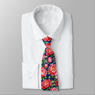 Red Pink Peonies & Green Leaves Blue Pattern Neck Tie