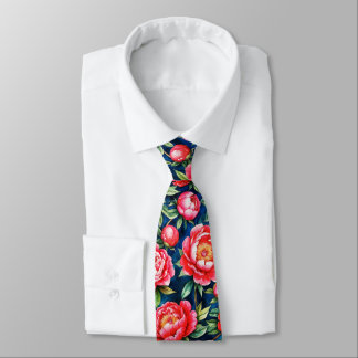 Red Pink Peonies & Green Leaves Blue Pattern Neck Tie