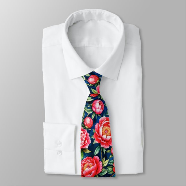 Red Pink Peonies & Green Leaves Blue Pattern Neck Tie (Tied)