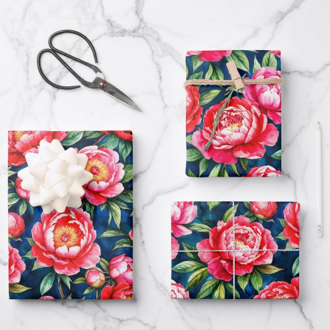 Red Pink Peonies & Green Leaves Blue Pattern Wrapping Paper Sheets (Front)