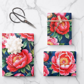 Red Pink Peonies & Green Leaves Blue Pattern Wrapping Paper Sheets