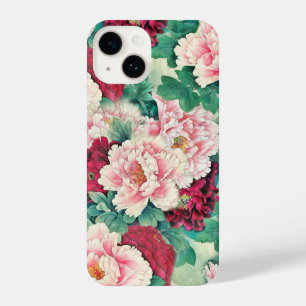 Red Pink Peonies & Green Leaves Pattern iPhone 14 Case