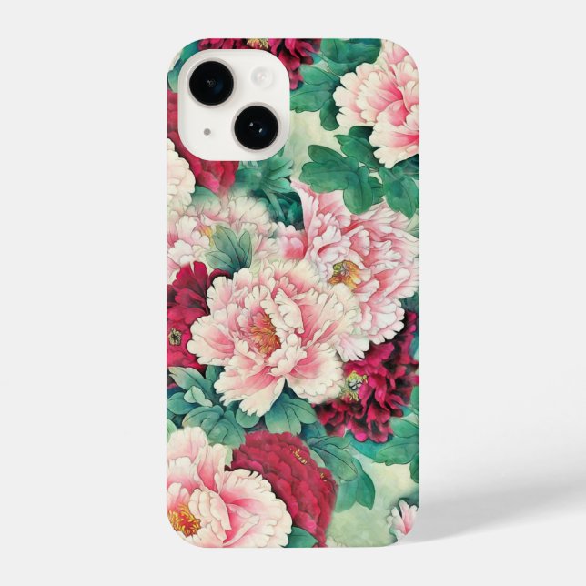 Red Pink Peonies & Green Leaves Pattern iPhone Case (Back)