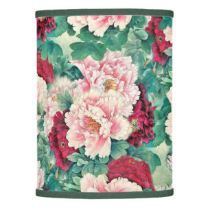 Red Pink Peonies & Green Leaves Pattern Lamp Shade