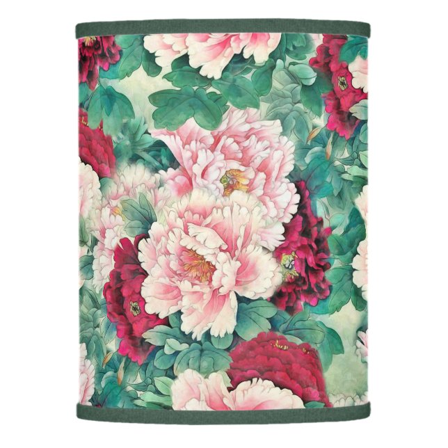 Red Pink Peonies & Green Leaves Pattern Lamp Shade (Front)