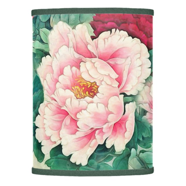 Red Pink Peonies & Green Leaves Pattern Lamp Shade (Front)