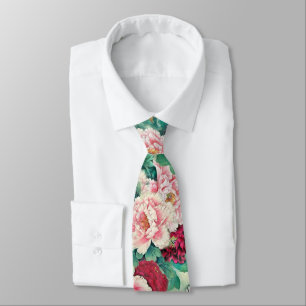 Red Pink Peonies & Green Leaves Pattern Neck Tie