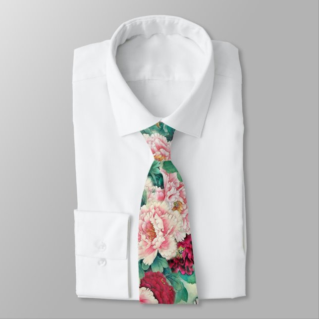 Red Pink Peonies & Green Leaves Pattern Neck Tie (Tied)