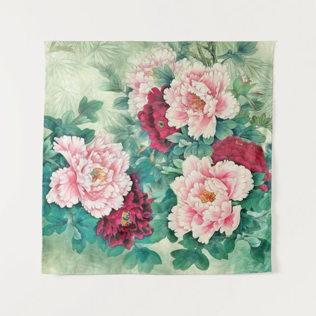 Red Pink Peonies & Green Leaves Tapestry (Front)