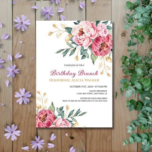 Red Pink Peony Gold Leaf Greenery Birthday Brunch Invitation