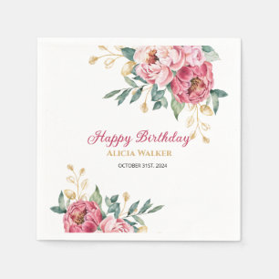 Red Pink Peony Gold Leaf Greenery Birthday Brunch Napkins