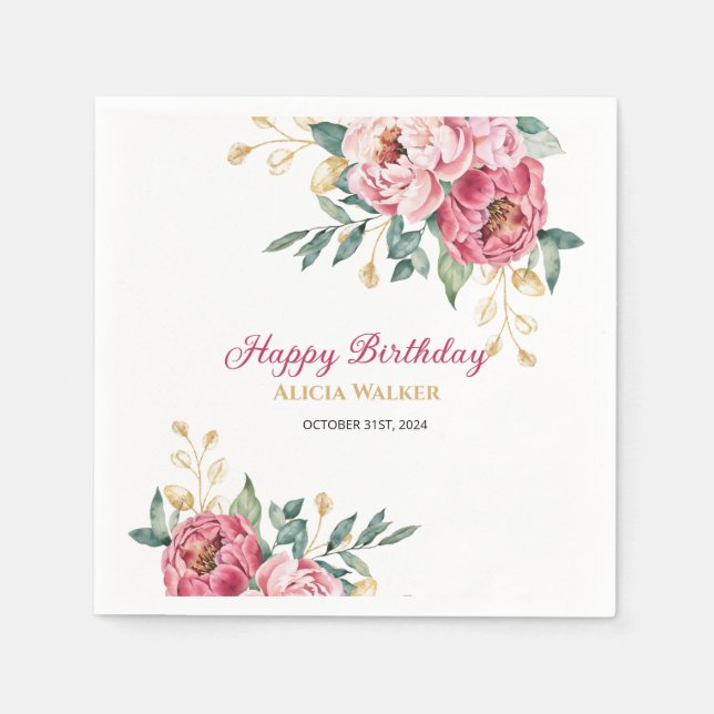 Red Pink Peony Gold Leaf Greenery Birthday Brunch Napkins (Front)