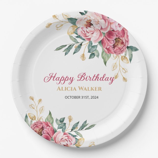 Red Pink Peony Gold Leaf Greenery Birthday Brunch Paper Plates (Front)