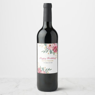 Red Pink Peony Gold Leaf Greenery Birthday Brunch Wine Label