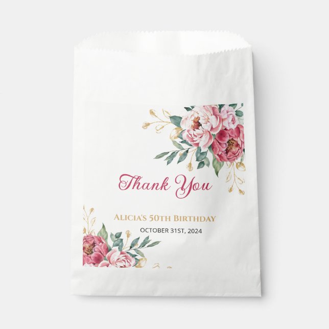 Red Pink Peony Gold Leaf Greenery Birthday Favor Bag (Front)