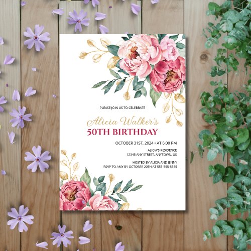 Red Pink Peony Gold Leaf Greenery Birthday  Invitation