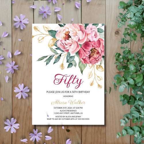 Red Pink Peony Gold Leaf Rustic Floral Birthday  Invitation