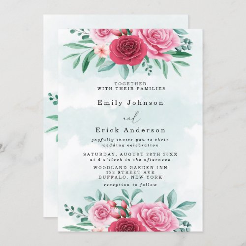 Red Pink Peony Roses Eucalyptus Wedding Invitation