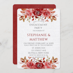 Red Pink Peony White Linen Engagement Party Invitation