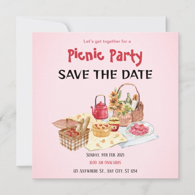 Red Pink Picnic Save The Date Card (Front)