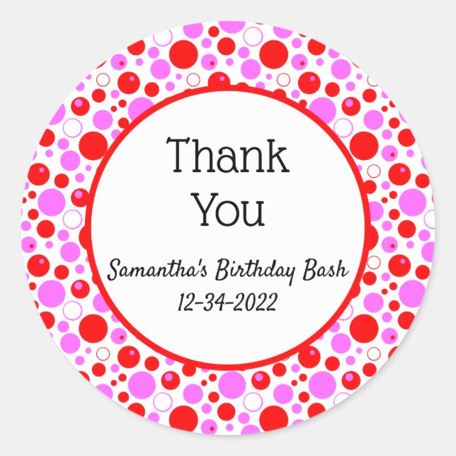 Red Pink Polka Dots and Circles Editable Thank You Classic Round Sticker (Front)