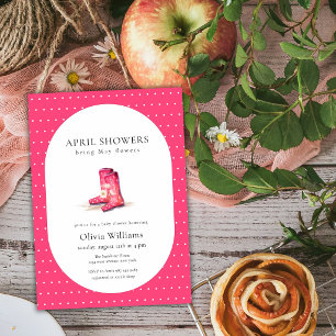 Red Pink Polkadot Flower Rain Boots Baby Shower Invitation