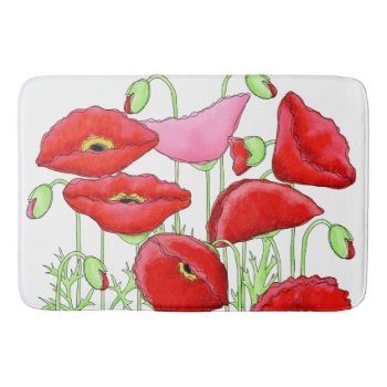 Red Pink Poppies Art Custom Decorative Bathroom Mat by phyllisdobbs at Zazzle