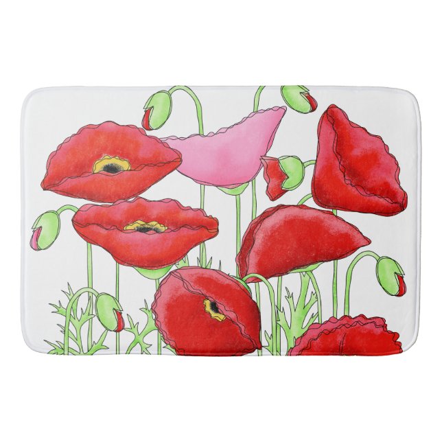 Red Pink Poppies Art Custom Decorative Bathroom Mat (Front)