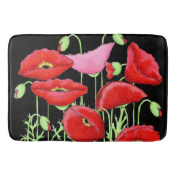 Red Pink Poppies Art Custom Decorative Black Bath Mat