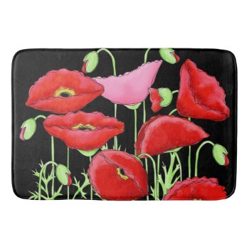 Red Pink Poppies Art Custom Decorative Black Bath Mat by phyllisdobbs at Zazzle