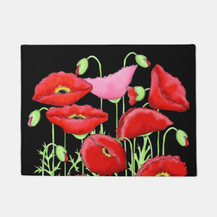 Red Pink Poppies Art Custom Decorative Black Doormat