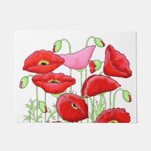 Red Pink Poppies Art Custom Decorative White Doormat