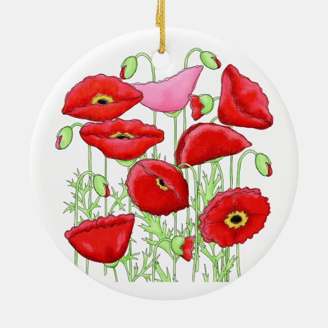 Red Pink Poppies Art Custom Gardener Floral Ceramic Ornament (Back)