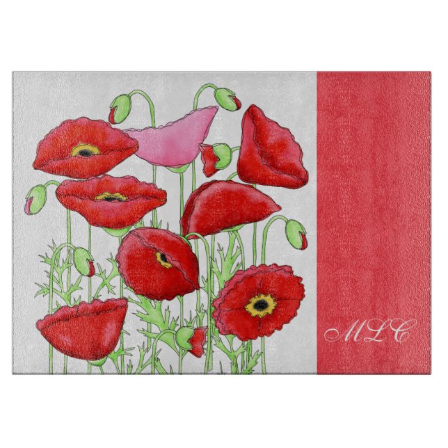 Red Pink Poppies Art Custom Monogram Personalized Cutting Board (Front)