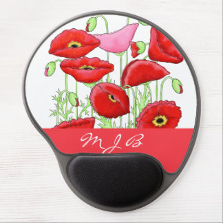 Red Pink Poppies Art Custom Monogram Personalized Gel Mouse Pad