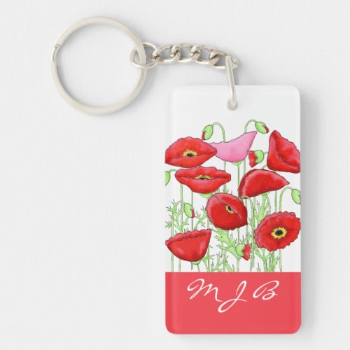 Red Pink Poppies Art Custom Monogram Personalized Keychain