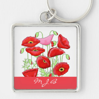 Red Pink Poppies Art Custom Monogram Personalized Keychain